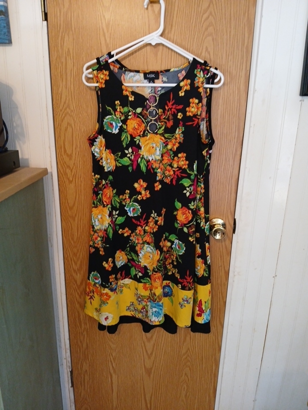 MSK Black Floral Sleeveless Swing Dress with Yellow Border